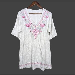 NEW Caite Ryanne Kyla Seo Floral Embroidered Tunic Top Medium Gray Pink Animal P